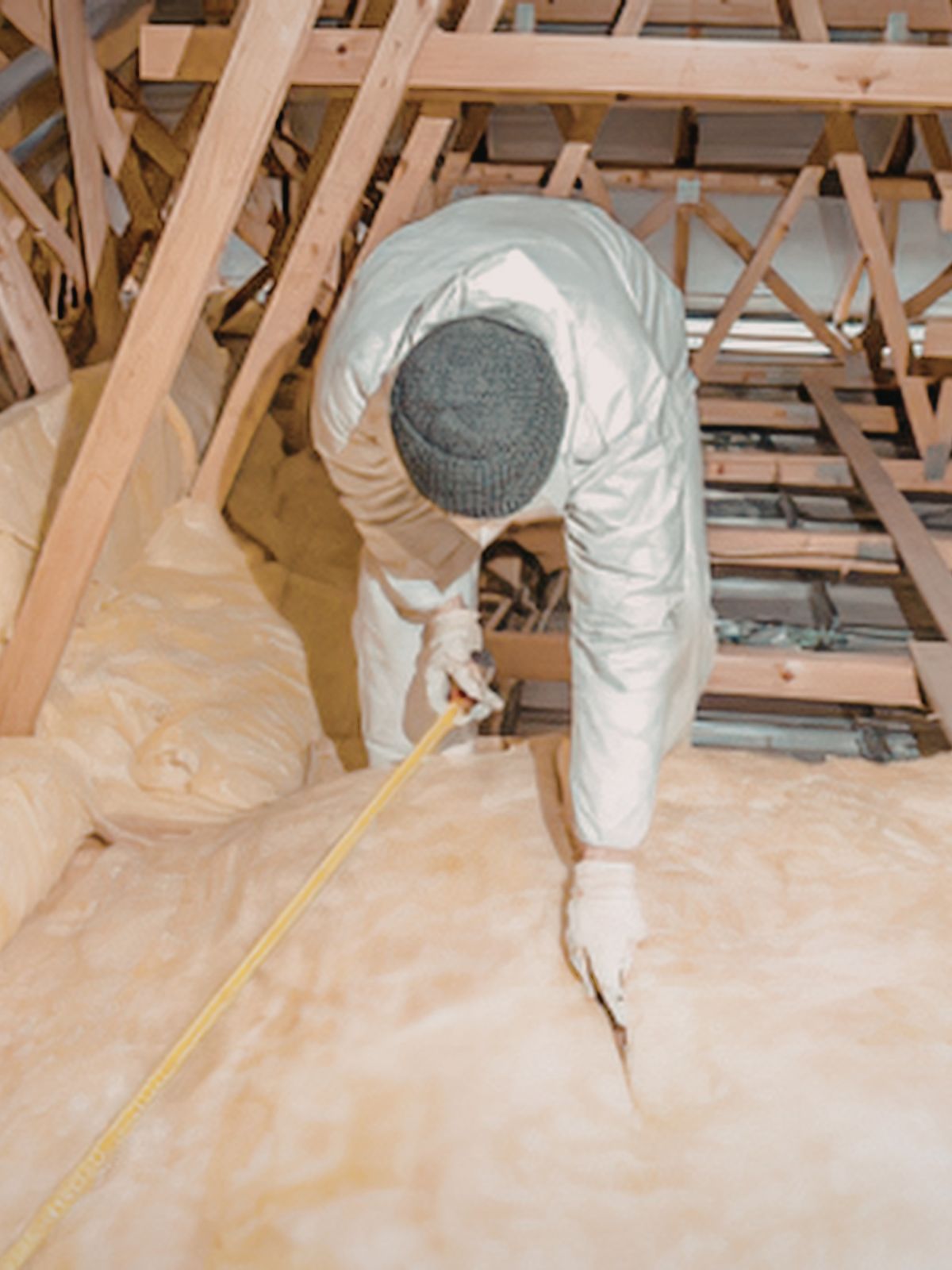 Worker insulating an attic